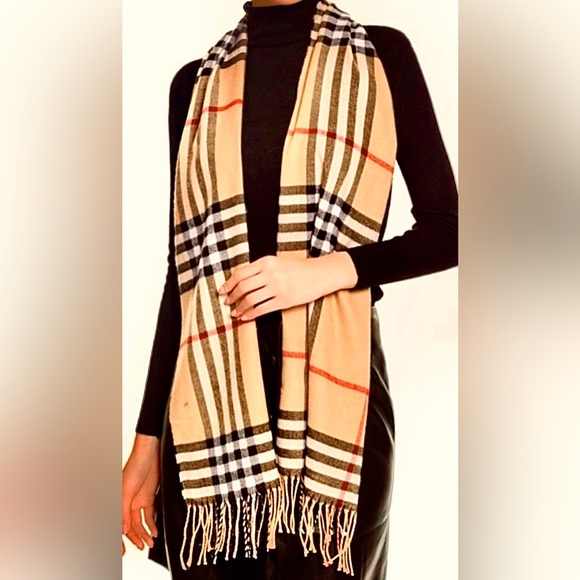 New w/Tags Elegant Plaid Scarf Unisex Tan, red, black & white - Picture 8 of 9